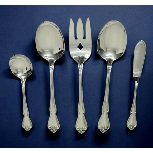 5 Oneida Serving Utensils Spoon Sugar Meat Fork Butter Knife True Arbor Rose VTG - Picture 1 of 9